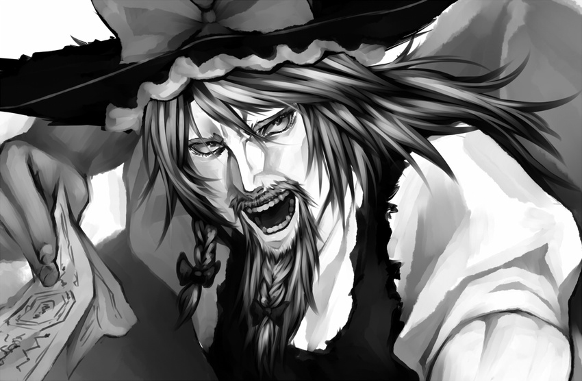 1boy 23_(real_xxiii) beard bow braid braided_beard cho_marisa comiket_79 commentary_request facial_hair genderswap_(ftm) greyscale hairbow hat hat_bow kirisame_marisa long_hair male_focus manly monochrome ofuda rule_63 solo touhou upper_body witch_hat