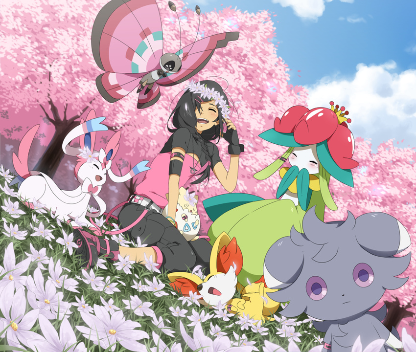 alternate_color bangs black_hair blush cherry_blossoms closed_eyes cloud danzilla day dutch_angle espurr fennekin field fingerless_gloves flower flower_field gen_2_pokemon gen_6_pokemon gloves head_wreath lilligant looking_at_viewer open_mouth otoko_no_ko photobomb pink_wings pokemon pokemon_(creature) pokemon_trainer shiny_pokemon sidelocks sitting sky smile staring sylveon togepi vivillon wariza wings