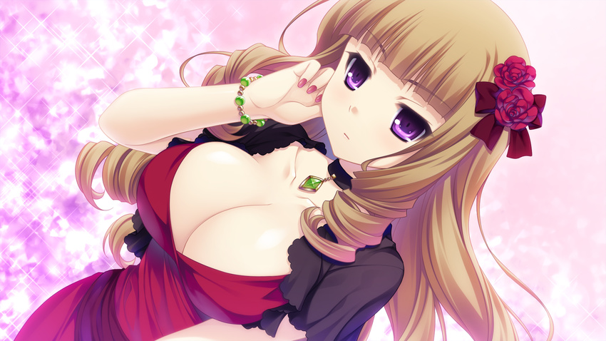 '&'_-sora_no_mukou_de_sakimasu_you_ni- blonde_hair breasts cleavage female flower game_cg highres honoue_maki large_breasts long_hair looking_away nail_polish purple_eyes saeki_hokuto serious simple_background solo standing