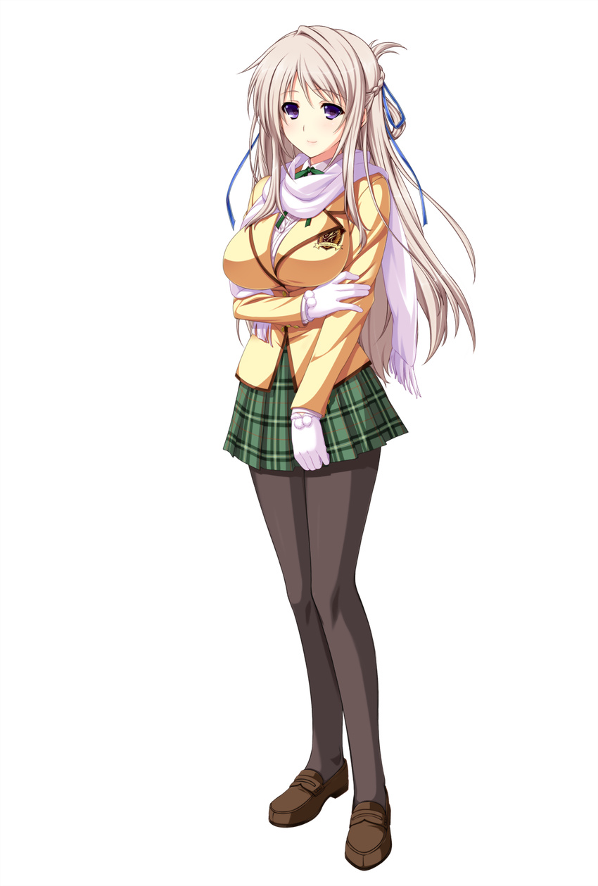 blonde_hair blush female full_body gloves hatsukoi_1/1 highres iizuki_tasuku looking_at_viewer makabe_midori non-web_source pantyhose pleated_skirt purple_eyes scarf school_uniform shoes skirt smile solo standing transparent_background