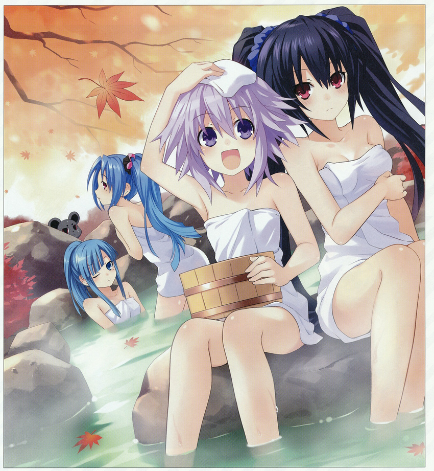 4girls 5pb_(neptunia) :d alternate_hairstyle arm_up autumn black_hair blue_hair blush braid branch breasts bucket choujigen_game_neptune collarbone dutch_angle hair_ornament hair_scrunchie hand_on_own_head highres imageboard_desourced leaf long_hair mages. maple_leaf medium_breasts mole mole_under_eye mouse_(animal) multiple_girls naked_towel neptune_(neptunia) neptune_(series) noire_(neptunia) non-web_source official_art one_eye_closed onsen open_mouth partially_submerged peeking_out pink_eyes ponytail profile purple_eyes purple_hair red_eyes same-sex_bathing scan scrunchie shared_bathing side_ponytail sidelocks sitting small_breasts smile soaking_feet towel towel_on_head tsunako twintails very_long_hair warechu water wooden_bucket