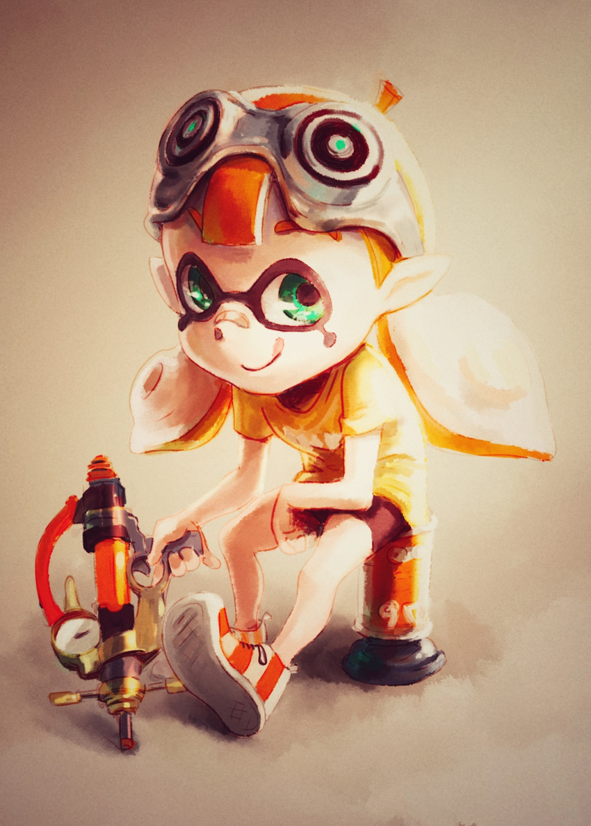 bandaid big_head bike_shorts commentary_request female goggles highres inkling inkling_girl inkling_player_character long_hair mask pointy_ears smile solo splash-o-matic_(splatoon) splatoon_(series) splatoon_1 suction_bomb_(splatoon) takuzou tentacle_hair