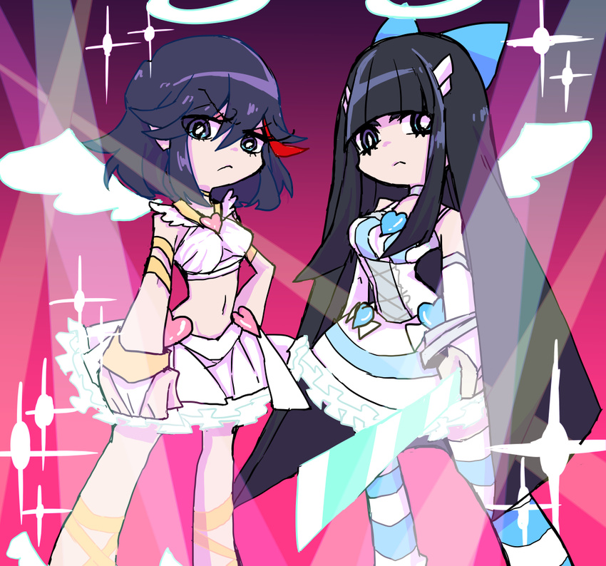 2girls angel angel_wings armlet black_hair bracelet commentary_request cosplay creator_connection crop_top cross-laced_clothes cross-laced_legwear dress frills halo jewelry kill_la_kill kiryuuin_satsuki left-handed long_hair matoi_ryuuko midriff multiple_girls navel panty_&_stocking_with_garterbelt panty_(psg) panty_(psg)_(cosplay) parody short_hair siblings sisters skirt stocking_(psg) stocking_(psg)_(cosplay) striped_clothes striped_thighhighs style_parody sword thighhighs trait_connection weapon white_dress white_skirt wings yunkru