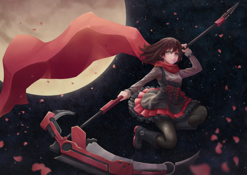 alternate_costume belt_boots black_footwear black_pantyhose boots brown_hair cape commentary_request crescent_rose female frills full_moon grey_eyes knee_boots laces moon pantyhose petals red_cape red_hood rose_petals ruby_rose rwby scythe short_hair skirt solo star_(symbol) willgoon