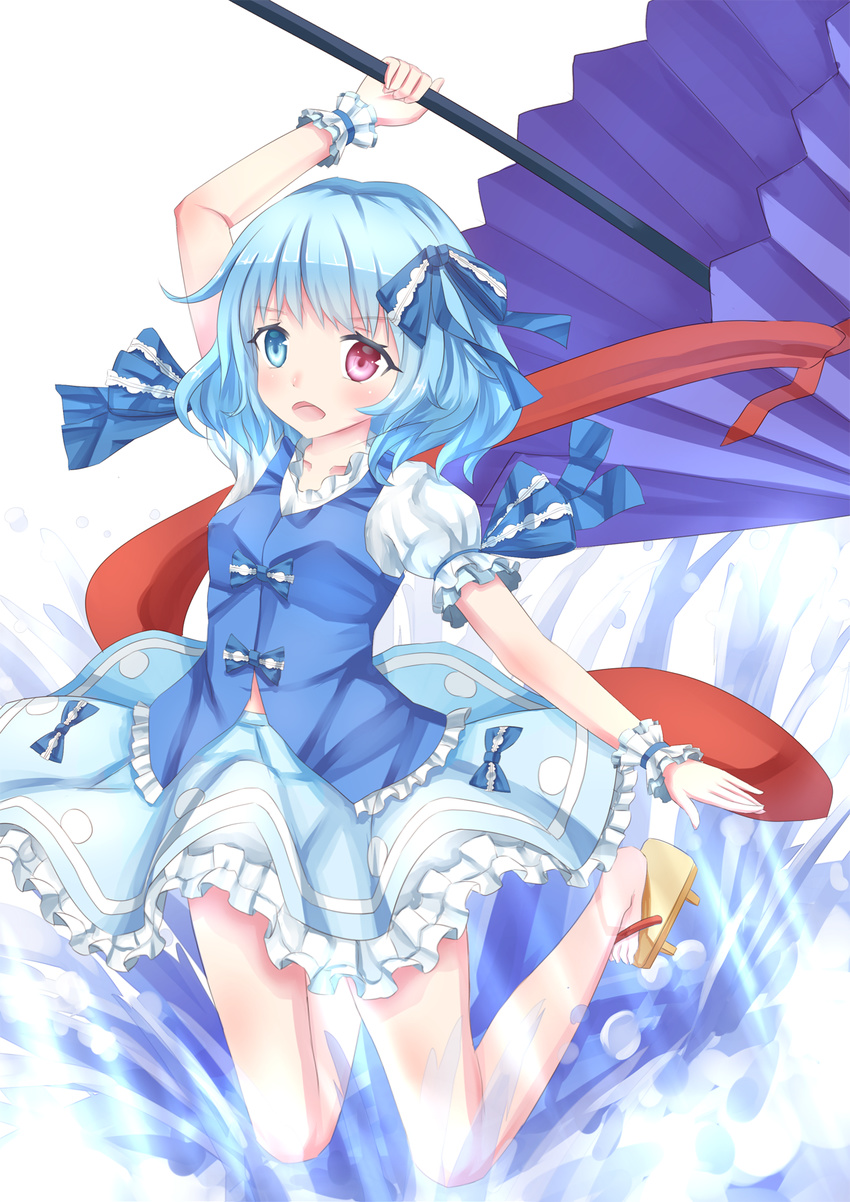 arm_above_head bare_legs blue_eyes blue_hair commentary_request female frilled_skirt frills geta hair_ribbon heterochromia highres karakasa_obake legs_folded looking_at_viewer open_mouth puffy_short_sleeves puffy_sleeves red_eyes ribbon short_hair short_sleeves simple_background skirt solo splashing tatara_kogasa tongue touhou umbrella water white_background wrist_cuffs xiao_yinbie