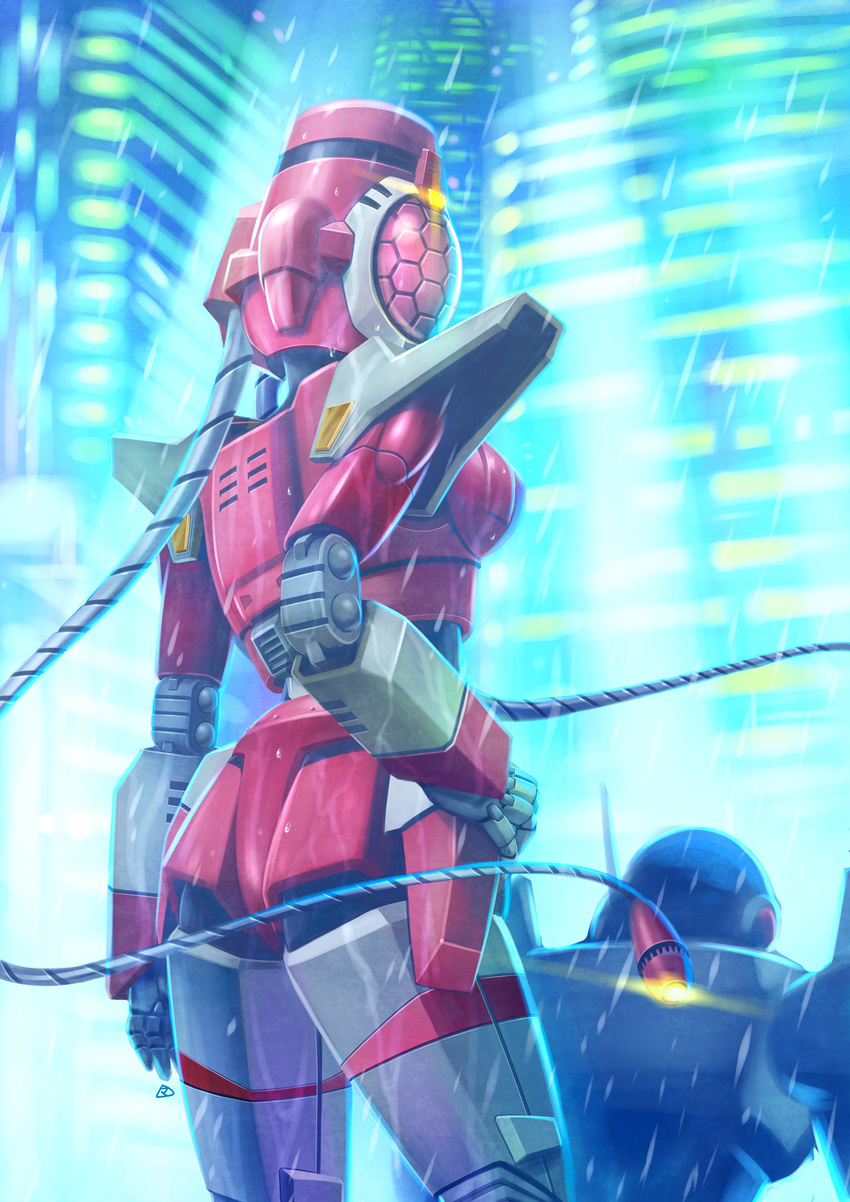 1boy ass blader breasts building cable city_lights cityscape commentary_request cyberpunk female hand_on_own_hip highres large_breasts lens_flare looking_back mecha mercy_rabbit night photoshop_(medium) rain realistic robot scanny science_fiction signature techno_police_21c technoid water