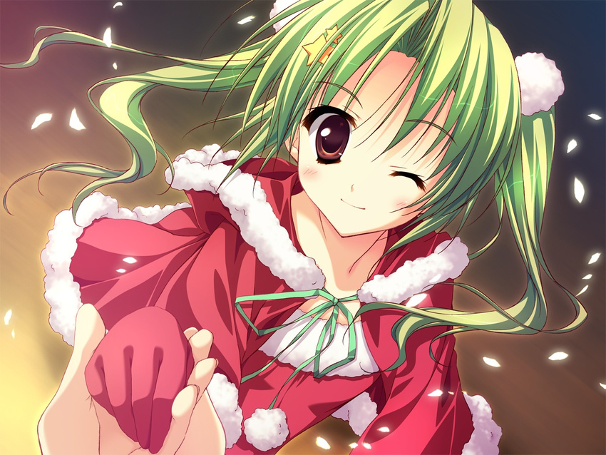 brown_eyes christmas game_cg green_hair hoshizora_e_kakaru_hashi ryohka toudou_koyori