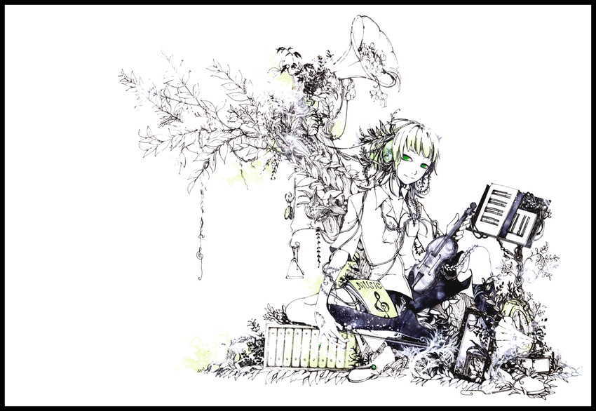 alternate_costume black_boots boots female female flower frame gramophone green_eyes green_hair gumi instrument leaf plant shirohiko shirt shorts solo triangle_(instrument) violin vocaloid white_background white_shirt white_skin xylophone