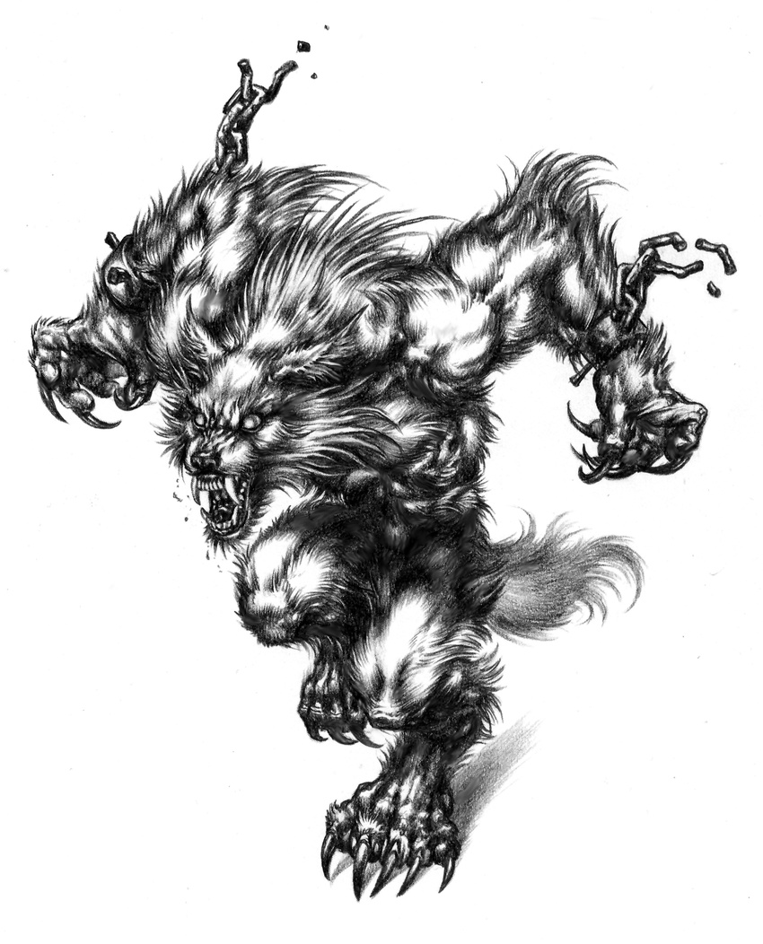 5_toes abs action_pose angry anthro biceps big_muscles canid canine canis chains changeling_(world_of_darkness) claws digitigrade feet fobiapharmer hakken_(world_of_darkness) hi_res long_claws male mammal monochrome muscular muscular_anthro muscular_male mythological_canine mythological_creature mythology naturally_censored no_pupils nude open_mouth pencil_(object) pose ron_spencer sharp_teeth simple_background solo teeth toe_claws toes traditional_media_(artwork) walking were werecanid werecanine werewolf werewolf_the_apocalypse white_background white_wolf_publishing wolf world_of_darkness_(series)