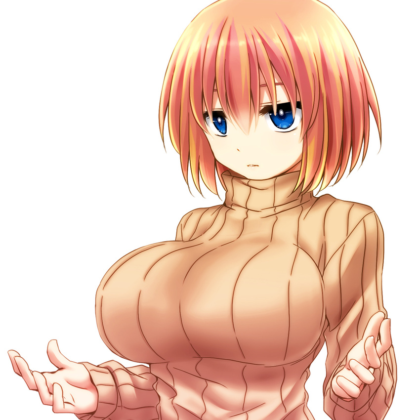 arms_up blonde_hair blue_eyes breasts commentary expressionless female hair_between_eyes hands_on_own_head hands_up highres large_breasts looking_at_viewer original parted_lips photoshop_(medium) ribbed_sweater setana short_hair simple_background solo sweater teeth watarui white_background