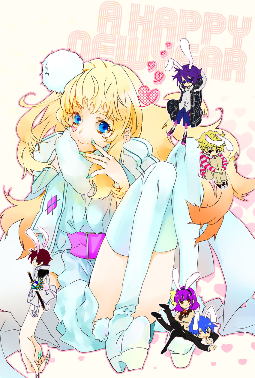 2girls 4boys angel_beats! animal_ears asbel_lhant belt blonde_hair blue_eyes boots chibi commentary_request hair_ornament heart highres hinata_hideki koide_natsuno long_hair macross macross_frontier macross_frontier:_itsuwari_no_utahime mooche multiple_boys multiple_girls mutou_tooru nail_polish nakamura_yuri new_year rabbit_ears rabbit_tail sheryl_nome shiki_(novel) sitting sitting_on_person tail tales_of_(series) tales_of_graces thigh_boots thighhighs