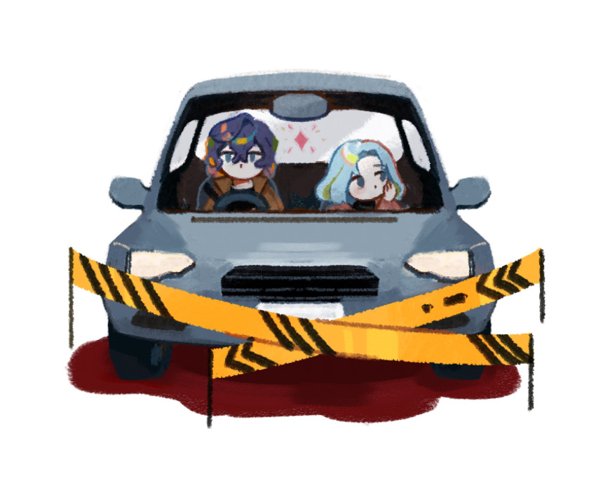 1boy bamtoast black_shirt blood blue_eyes blue_hair brown_jacket car commentary_request enomoto_noa female hand_on_own_cheek hand_on_own_face highres jacket korean_commentary long_sleeves motor_vehicle no_mouth open_clothes open_jacket pool_of_blood red_shirt road saibou_shinkyoku shirt short_hair traffic_barrier utsugi_noriyuki