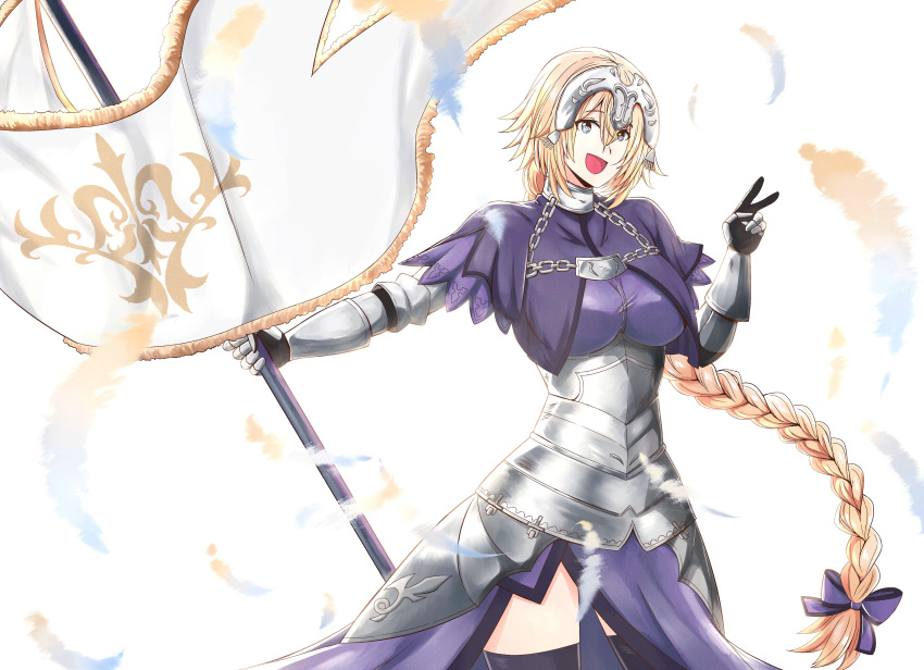 absurdres armor backlighting blonde_hair blue_eyes breasts chains fate/grand_order fate_(series) feathers female hair_between_eyes headpiece highres jeanne_d'arc_(fate) jeanne_d'arc_(ruler)_(fate) large_breasts long_braid long_hair smile solo standard_bearer thighhighs thighs untold v white_background