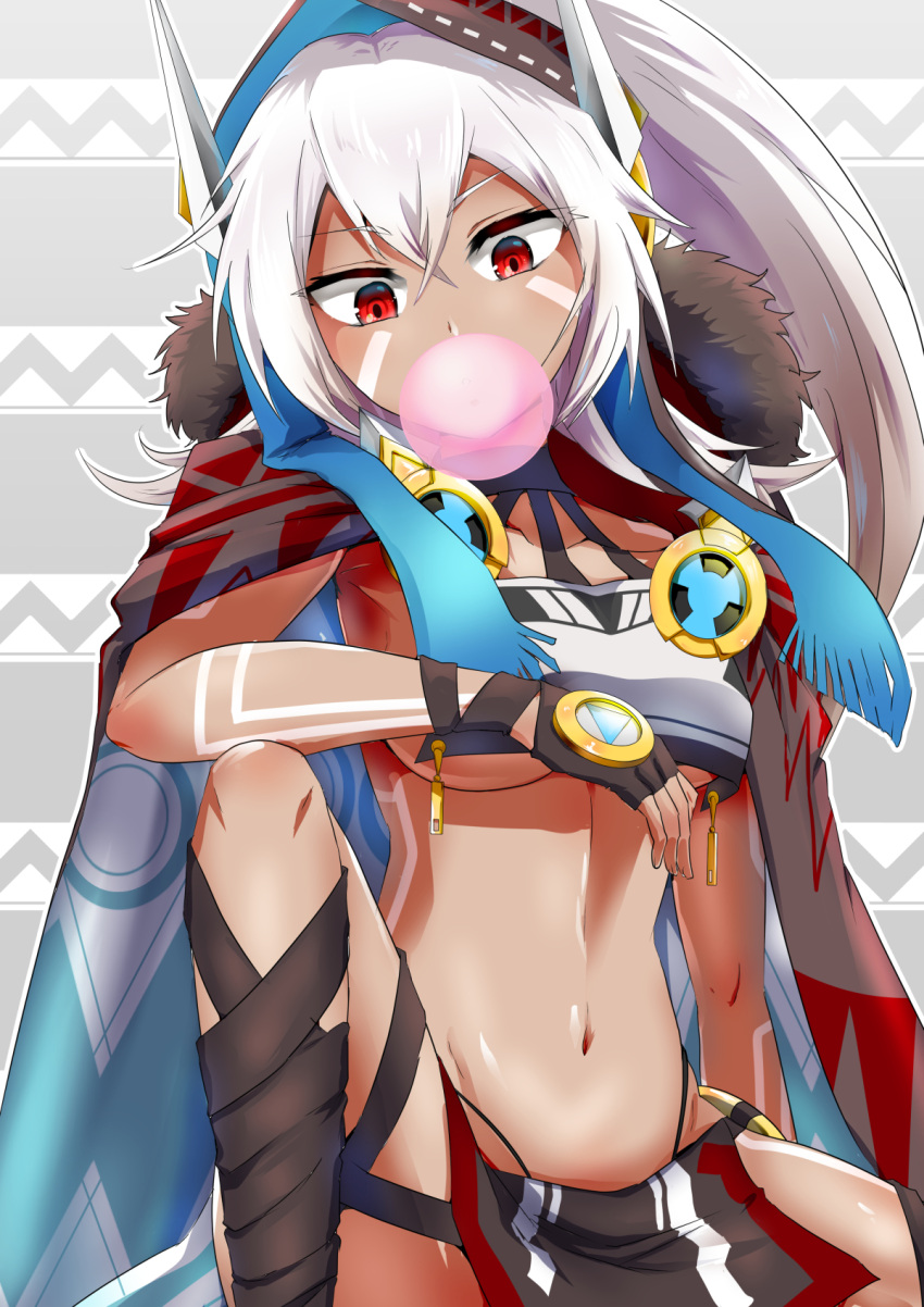 ankle_wrap azur_lane black_panties blowing_bubbles blue_cape bodypaint breast_curtain breasts brown_cape brown_gloves brown_hood cape chewing_gum commentary_request crossed_bangs dark-skinned_female dark_skin facepaint feet_out_of_frame female fingerless_gloves fur-trimmed_cape fur_trim gloves grey_background hair_between_eyes high_ponytail highleg highleg_panties highres hood hood_up houshi loincloth long_hair looking_down medium_breasts midriff minneapolis_(azur_lane) multicolored_cape multicolored_clothes navel panties red_cape red_eyes revealing_clothes solo underboob underwear very_long_hair white_cape white_hair