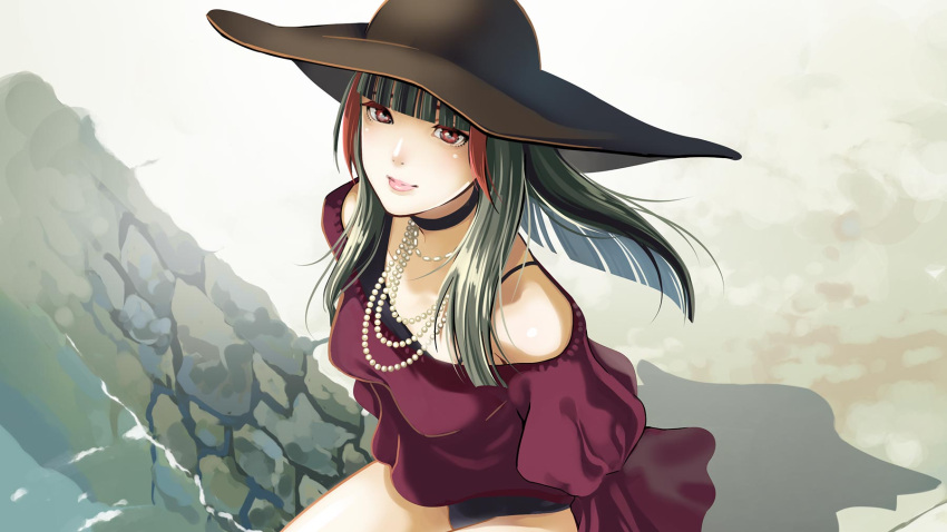 bare_shoulders black_choker black_hair blunt_bangs brown_hat choker commentary_request crimson_(vtuber) cropped female hat highres indie_virtual_youtuber jewelry large_hat long_hair looking_at_viewer multicolored_hair necklace off_shoulder outdoors pearl_necklace red_eyes red_hair ripples shiomiya_iruka sitting solo streaked_hair virtual_youtuber water