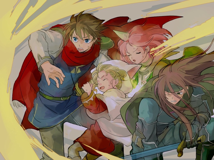 1boy 3girls animal_ears armor bartz_klauser blonde_hair blue_eyes blue_tunic brown_hair cape casting_spell cat_ears energy_barrier fake_animal_ears faris_scherwiz fighting final_fantasy final_fantasy_5 green_cape himeja82 horns kneeling knight_(final_fantasy) krile_mayer_baldesion_(ff5) lenna_charlotte_tycoon mime_(final_fantasy) multiple_girls pauldrons pink_hair protected_link purple_hair red_cape robe shoulder_armor single_horn summoner_(final_fantasy) sword weapon white_mage_(final_fantasy) white_robe wind wind_lift