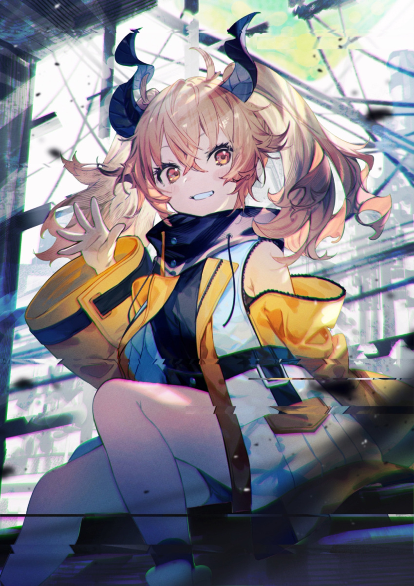 absurdres blonde_hair blush bukurote female hair_between_eyes highres horns jacket kagase_uno long_hair looking_at_viewer official_art smile solo twintails versen virtual_youtuber