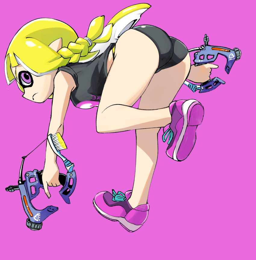 ass bent_over bikini bikini_bottom_only black_bikini black_shirt blonde_hair braid dapple_dualies_(splatoon) dual_wielding female from_side highres holding inkling inkling_girl inkling_player_character leg_up legs long_hair looking_back muramasa_mikado outstretched_arms pink_background pink_eyes pink_footwear pointy_ears shirt shoes simple_background sleeveless sleeveless_shirt solo splatoon_(series) splatoon_3 standing standing_on_one_leg suction_cups swimsuit tentacle_hair thighs weapon