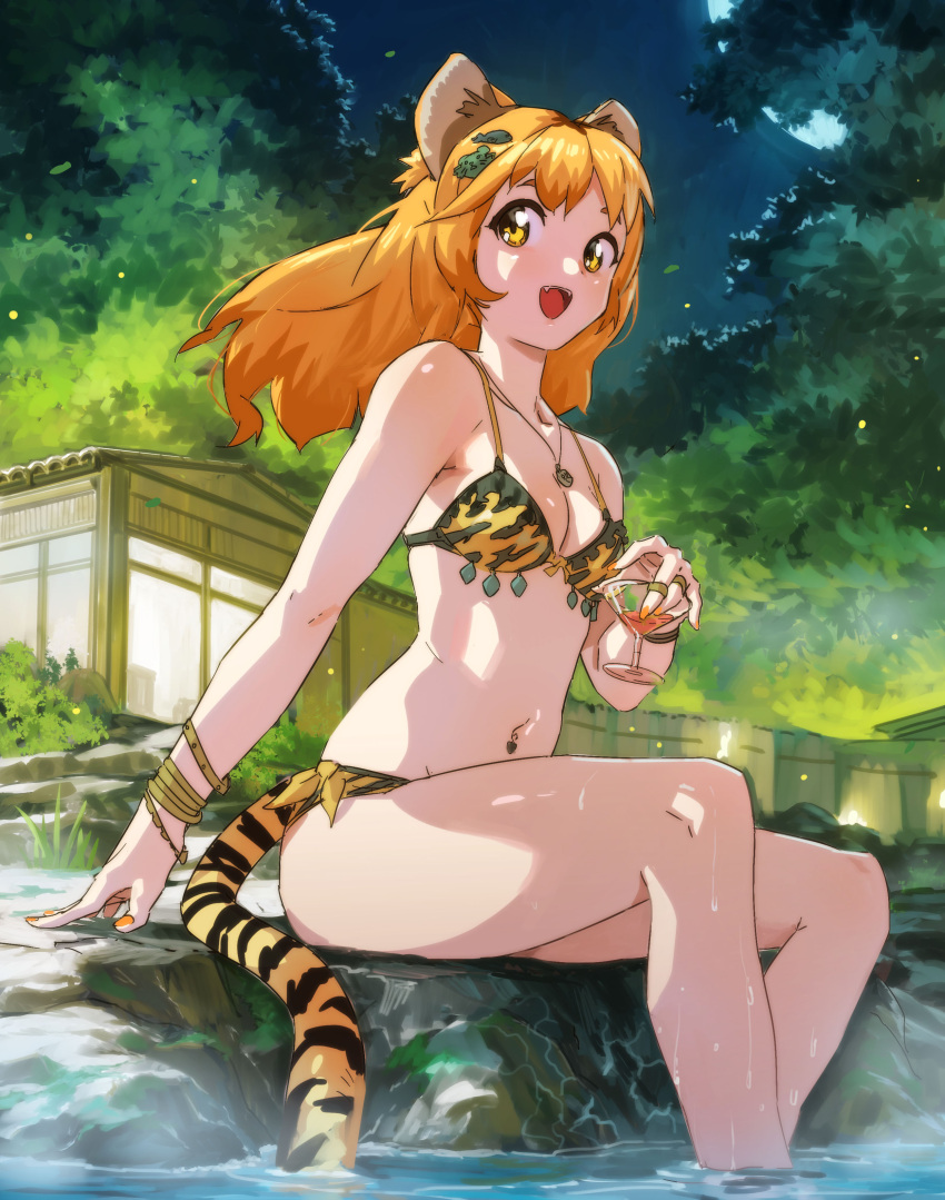 absurdres animal_ears animal_print bangle bikini bracelet breasts building chinese_zodiac cocktail_glass cup drinking_glass female hair_ornament highres holding holding_cup jewelry letro long_hair medium_breasts moon multicolored_hair nail_polish necklace night oerba_yun_fang open_mouth orange_hair orange_nails original outdoors rock sitting sky soaking_feet solo swimsuit tail tiger_ears tiger_girl tiger_print tiger_tail tree water wet year_of_the_tiger yellow_eyes