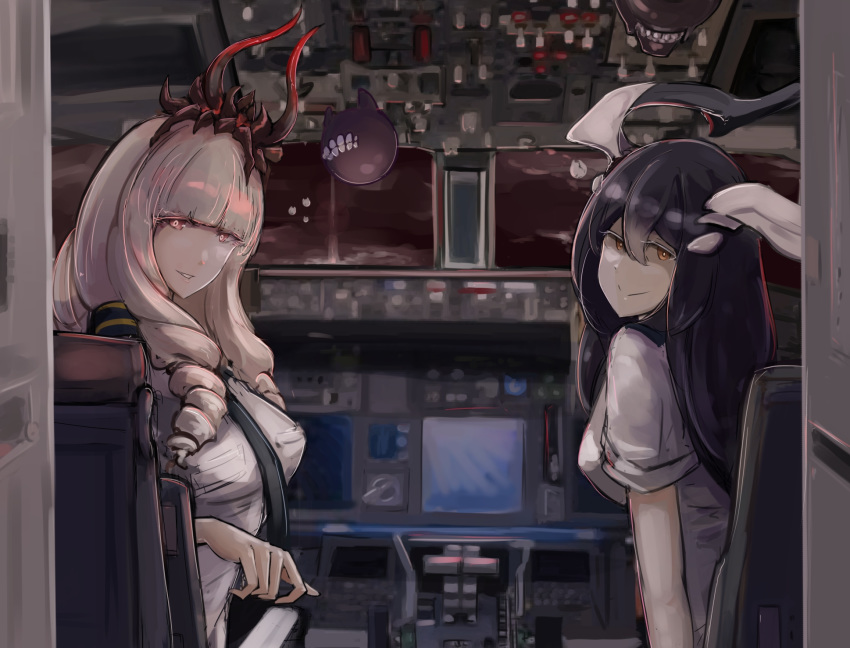 2girls abyssal_ship aircraft airplane airplane_interior alternate_costume anchorage_water_oni black_hair black_necktie blunt_bangs breasts chair cockpit colored_skin glowing glowing_eyes grin highres horns indoors kantai_collection long_hair looking_at_viewer lycoris_princess mizuchi_(mizuchi7118) multiple_girls necktie orange_eyes pale_skin red_eyes shirt sitting smile teeth white_hair white_shirt white_skin