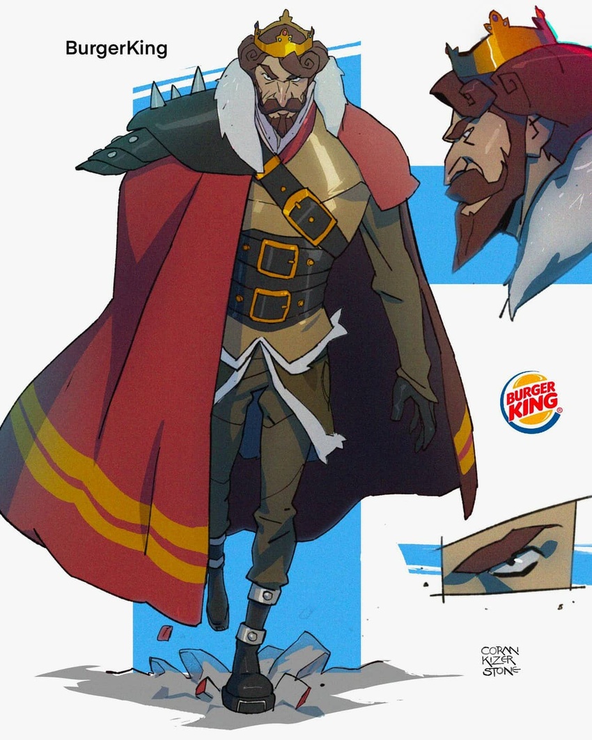 1boy alt_text angry armor beard brown_hair burger_king cape commentary coran_stone crown english_commentary facial_hair full_body highres logo male_focus moustache multiple_views shoulder_armor shoulder_spikes spikes the_king_(burger_king) walking