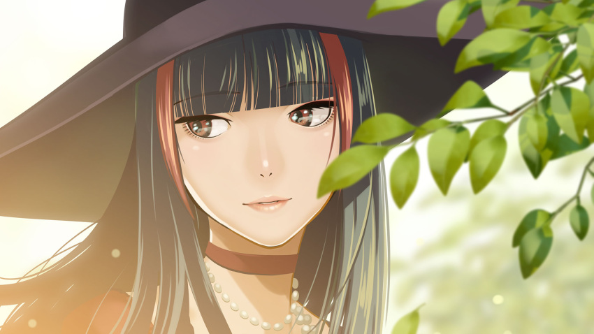 black_hair blurry blurry_background choker commentary_request crimson_(vtuber) female hat highres indie_virtual_youtuber jewelry large_hat long_hair multicolored_hair necklace parted_lips pearl_necklace pink_lips plant portrait red_choker red_eyes red_hair shiomiya_iruka solo streaked_hair virtual_youtuber