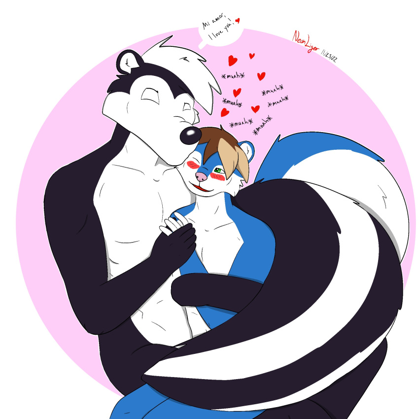 1:1 aayla_the_skunk anthro blush dialogue dominant dominant_male duo fur hi_res hug kissing kissing_cheek kissing_sound_effect larger_male looney_tunes male male/male mammal mephitid multicolored_body multicolored_fur neon_lion on_lap pepe_le_pew sitting_on_lap size_difference skunk smaller_male striped_skunk submissive submissive_male warner_brothers wrapping_tails