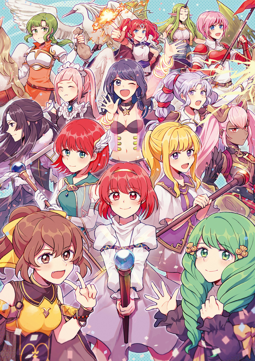 6+girls arm_up armor black_hair blonde_hair bow bracelet breastplate breasts breasts_apart brown_eyes brown_hair circlet clarine_(fire_emblem) cleavage closed_mouth dark-skinned_female dark_skin delthea_(fire_emblem) earrings elbow_gloves feather_trim felicia_(fire_emblem) fire fire_emblem fire_emblem:_genealogy_of_the_holy_war fire_emblem:_hasha_no_tsurugi fire_emblem:_mystery_of_the_emblem fire_emblem:_path_of_radiance fire_emblem:_the_binding_blade fire_emblem:_the_blazing_blade fire_emblem:_the_sacred_stones fire_emblem:_three_houses fire_emblem_awakening fire_emblem_echoes:_shadows_of_valentia fire_emblem_fates fire_emblem_heroes flayn_(fire_emblem) garreg_mach_monastery_uniform gloves green_eyes green_hair hair_ornament hairband hairbow headband highres holding holding_staff holding_weapon jemmy_(fire_emblem) jewelry laevatein_(fire_emblem) leanne_(fire_emblem) long_hair long_sleeves maid maid_headdress marcia_(fire_emblem) maria_(fire_emblem) mila_(fire_emblem) multiple_girls navel oerba_yun_fang one_eye_closed open_mouth oribe_tsubasa pegasus_knight_uniform_(fire_emblem) photoshop_(medium) pink_hair pointy_ears polearm ponytail priscilla_(fire_emblem) purple_eyes red_eyes red_hair say'ri_(fire_emblem) smile staff sushitarou thumbs_up tine_(fire_emblem) tokyo_mirage_sessions_fe trait_connection twintails uniform vanessa_(fire_emblem) weapon white_gloves