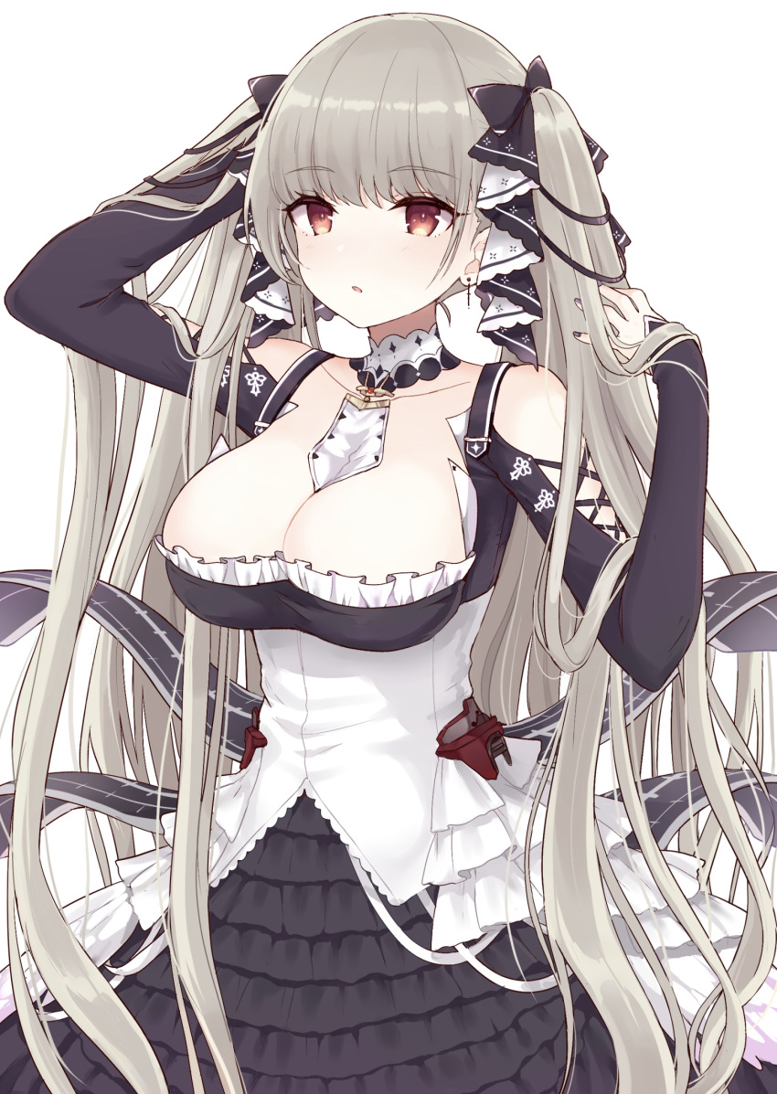 arm_up azur_lane between_breasts black_dress bow breasts brown_eyes cleavage collarbone commentary_request detached_collar dress earrings female formidable_(azur_lane) frilled_dress frills grey_hair hairbow hand_up highres isao_(wasamoti) jewelry large_breasts long_hair long_sleeves looking_at_viewer maid nail_polish partial_commentary solo twintails upper_body very_long_hair