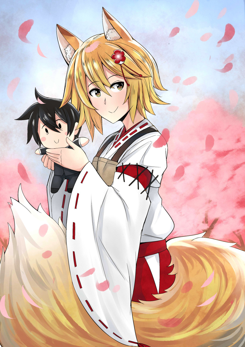 1boy absurdres animal_ear_fluff animal_ears apron black_hair blonde_hair blush character_doll cherry_blossoms closed_mouth doll english_commentary female flower fox_ears fox_girl fox_tail hair_between_eyes hair_flower hair_ornament hakama hakama_pants highres hip_vent japanese_clothes long_sleeves looking_at_viewer miko nakano_(sewayaki_kitsune_no_senko-san) pants petals senko_(sewayaki_kitsune_no_senko-san) sewayaki_kitsune_no_senko-san short_hair smile tail untold wide_sleeves yellow_eyes