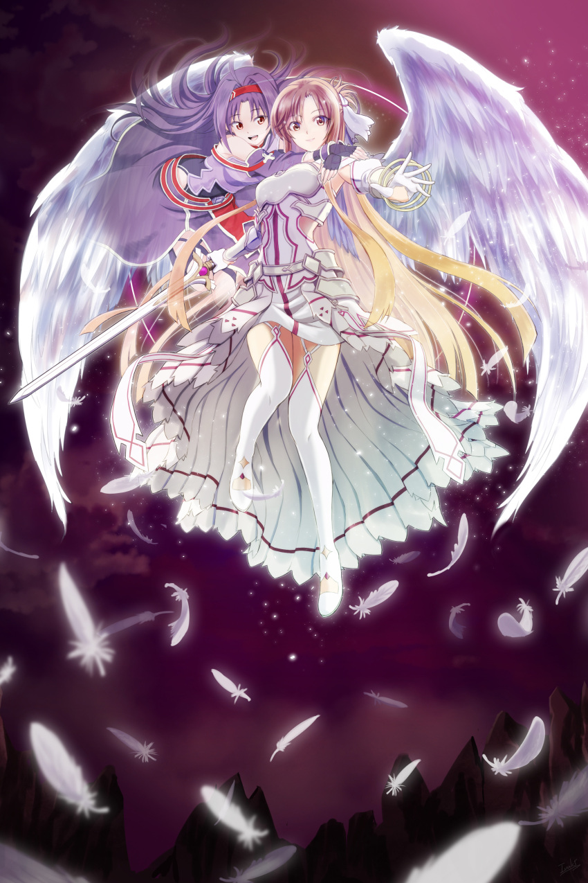 2girls absurdres angel_wings armor armored_dress arms_around_neck asuna_(sao) asuna_(stacia) blonde_hair boots breastplate brown_eyes brown_hair closed_mouth cloud cloudy_sky detached_sleeves dress energy falling_feathers feathered_wings feathers fingerless_gloves floating floating_hair flying full_body ghost gloves glowing glowing_feather glowing_wings gradient_hair hair_intakes hairband headband highres holding holding_sword holding_weapon ivuki large_wings light_particles long_hair looking_at_viewer magic miniskirt multicolored_hair multiple_girls night open_mouth outdoors purple_armor purple_gloves purple_hair purple_skirt purple_sky purple_sleeves radiant_light rapier red_hairband red_headband side_slit skirt sky sleeveless sleeveless_dress smile sword sword_art_online sword_art_online:_alicization sword_art_online:_alicization_-_war_of_underworld teeth thigh_boots thighhighs thighs tongue unsheathed upper_teeth_only very_long_hair waist_cape weapon white_armor white_dress white_feathers white_footwear white_gloves white_sleeves white_wings wings yuuki_(sao)