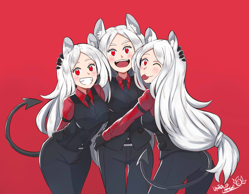 3girls :d ;p absurdres animal_ears artist_name black_necktie black_pants black_vest blush breasts cerberus_(helltaker) commentary demon_tail dog_ears english_commentary grey_hair grin hand_on_another's_head helltaker highres medium_breasts multiple_girls necktie one_eye_closed open_mouth pants red_background red_eyes red_shirt sharp_teeth shirt siblings sisters smile tail teeth thigh_gap tongue tongue_out triplets untold vest