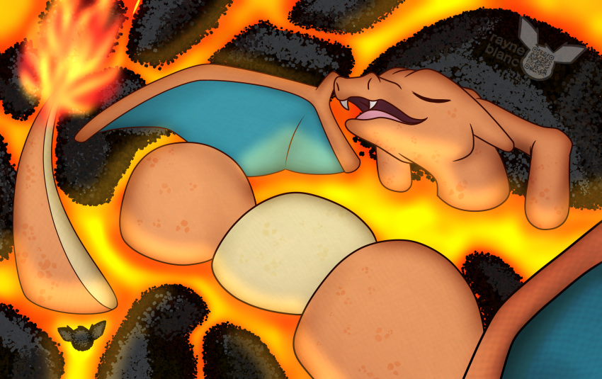 bathing charizard closed_eyes generation_1_pokemon hi_res lava lava_bath lounging lying nintendo on_back pokemon pokemon_(species) tail