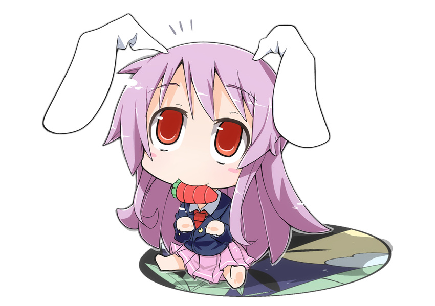 ^^^ animal_ears carrot commentary_request female highres ladfa long_hair mouth_hold paw_pose pawing photoshop_(medium) pink_hair rabbit_ears red_eyes reisen_udongein_inaba simple_background sitting solo spread_legs touhou