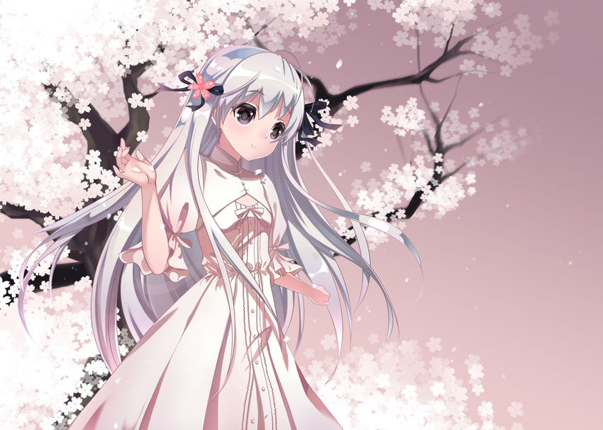 cherry_blossoms commentary_request female grey_hair kasugano_sora long_hair photoshop_(medium) pink_theme solo yosuga_no_sora ysrandy