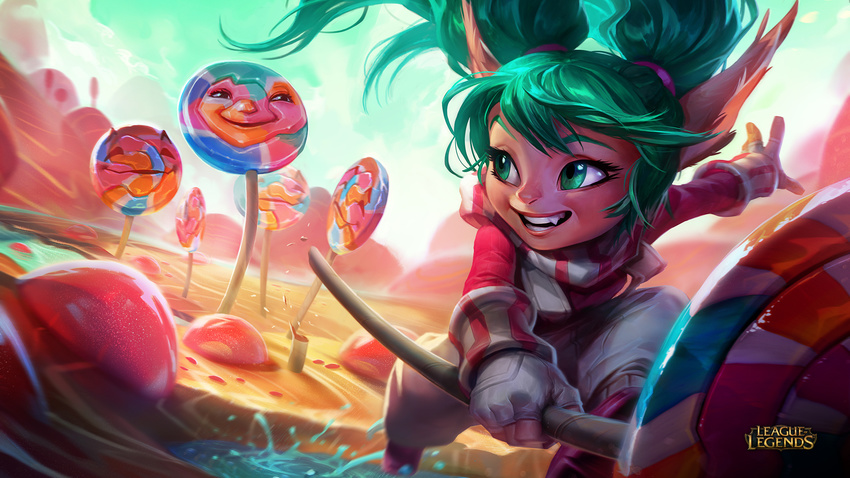 alternate_costume candy female food green_eyes green_hair highres league_of_legends lollipoppy oerba_yun_fang official_art photoshop_(medium) pointy_ears poppy_(league_of_legends) protected_link solo twintails yordle