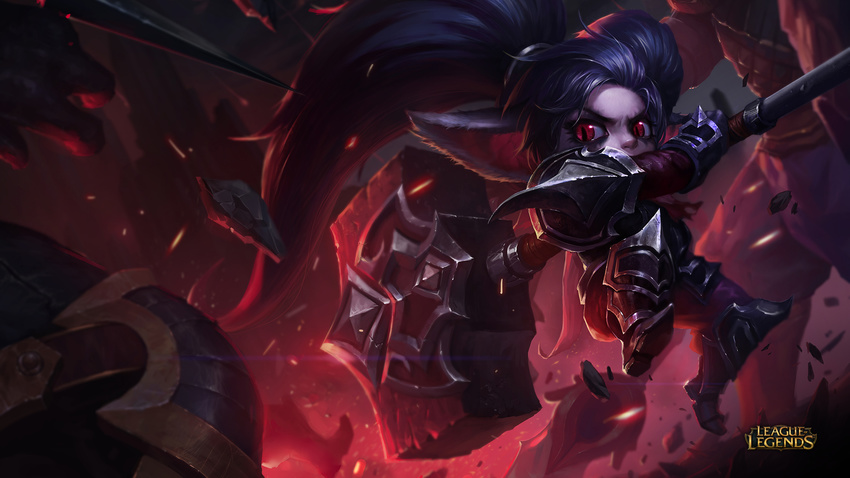 alternate_costume armor black_armor black_hair female hammer highres league_of_legends makeup noxus_poppy official_art official_wallpaper photoshop_(medium) pointy_ears poppy_(league_of_legends) protected_link red_eyes solo twintails yordle