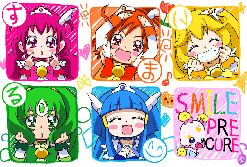 5girls :d :o ^_^ aged_down aoki_reika blonde_hair blue_hair bow cheek_poking chibi choker closed_eyes commentary_request copyright_name cure_beauty cure_happy cure_march cure_peace cure_sunny green_choker green_eyes green_hair grin hair_flaps hino_akane_(smile_precure!) hoshizora_miyuki long_hair mahkn midorikawa_nao multiple_girls open_mouth orange_eyes orange_hair pink_bow pink_choker pink_eyes pink_hair poking precure rainbow_text ruffling_hair smile smile_precure yayoi_kise