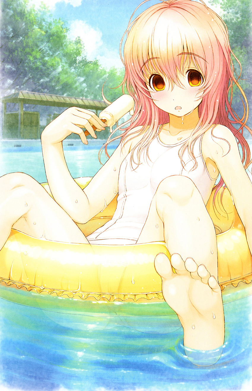 absurdres afloat antenna_hair barefoot day empty_eyes feet female food highres innertube kimi_to_kanojo_to_kanojo_no_koi. mukou_aoi_(totono) official_art one-piece_swimsuit open_mouth pink_hair pool popsicle school_swimsuit sitting soles swim_ring swimsuit toes tree tsuji_santa water white_one-piece_swimsuit yellow_eyes