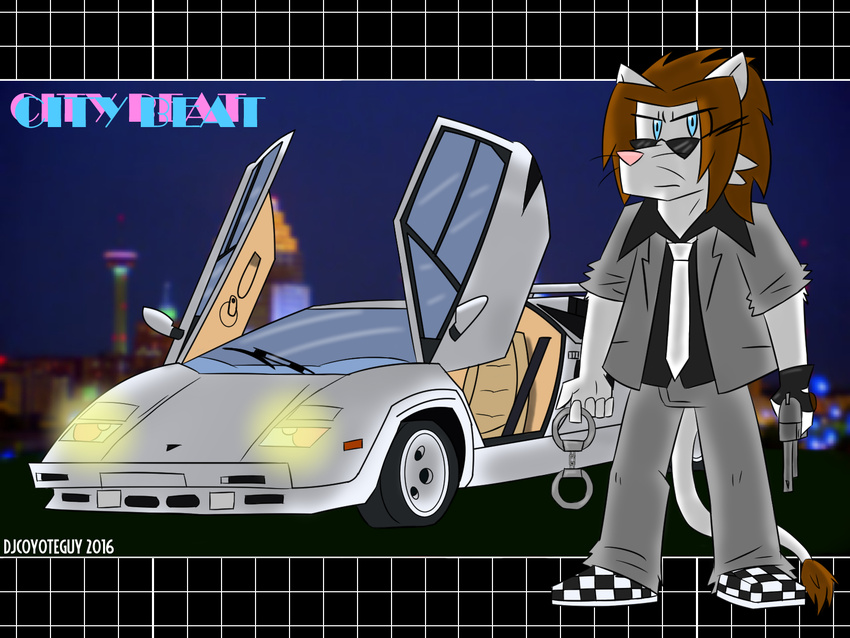 4:3 80's_theme anthro blue_eyes car city_beat_(djcoyoteguy) clothing cuff_(restraint) djcoyoteguy evan_white_(djcoyoteguy) eyewear felid fur gloves grid gun handcuffs handgun handwear hi_res lamborghini lamborghini_countach lion male mammal metal_cuffs pantherine pistol police ranged_weapon restraints retro shackles solo suit sunglasses synthwave vehicle weapon white_body white_fur