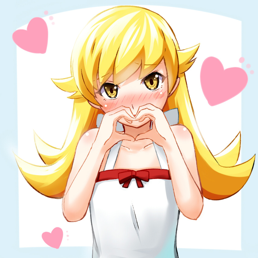 bare_shoulders blonde_hair blush commentary_request dress female heart heart_hands long_hair looking_at_viewer monogatari_(series) oshino_shinobu pointy_ears solo upper_body yellow_eyes yuki_mizore