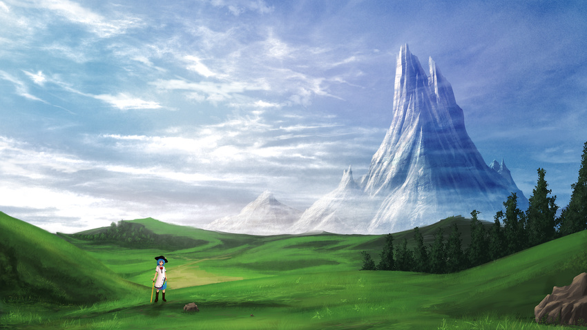 bad_id bad_pixiv_id black_footwear black_hat blue_hair blue_sky boots bow cloud cloudy_sky day field gensoukyou hat highres hinanawi_tenshi holding holding_sword holding_weapon landscape mountain puffy_sleeves qls-san_(hawatari_30) red_bow red_eyes scenery short_hair short_sleeves sky solo sword sword_of_hisou touhou tree weapon