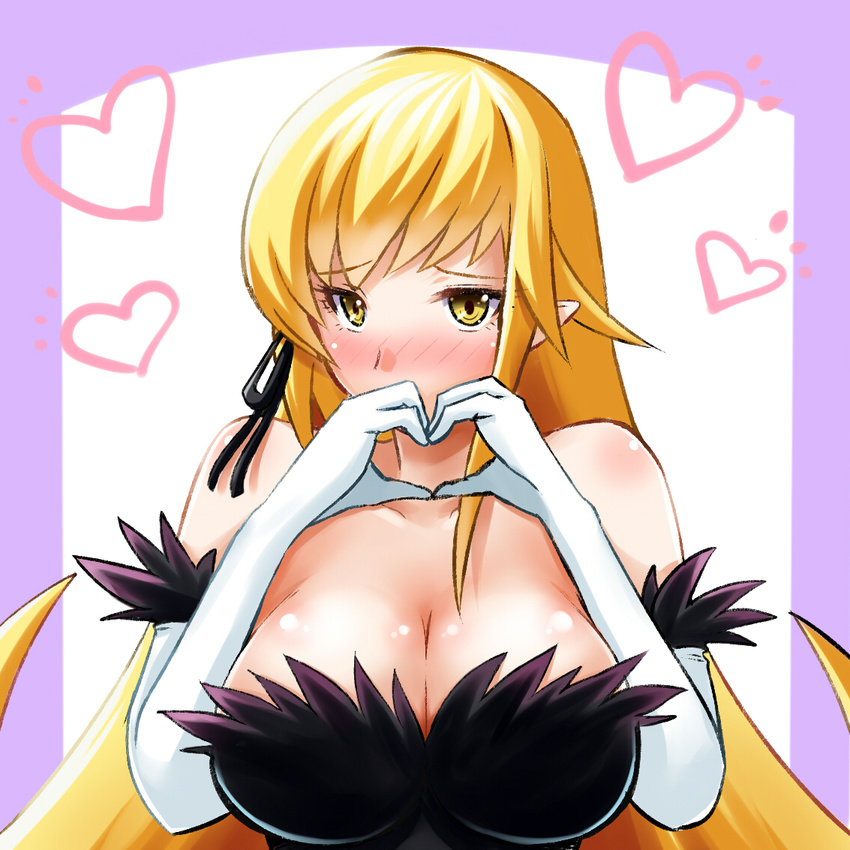 bare_shoulders blonde_hair blush breasts cleavage commentary_request dress elbow_gloves female gloves heart heart_hands kiss-shot_acerola-orion_heart-under-blade large_breasts long_hair looking_at_viewer monogatari_(series) oshino_shinobu pointy_ears solo upper_body very_long_hair white_gloves yellow_eyes yuki_mizore