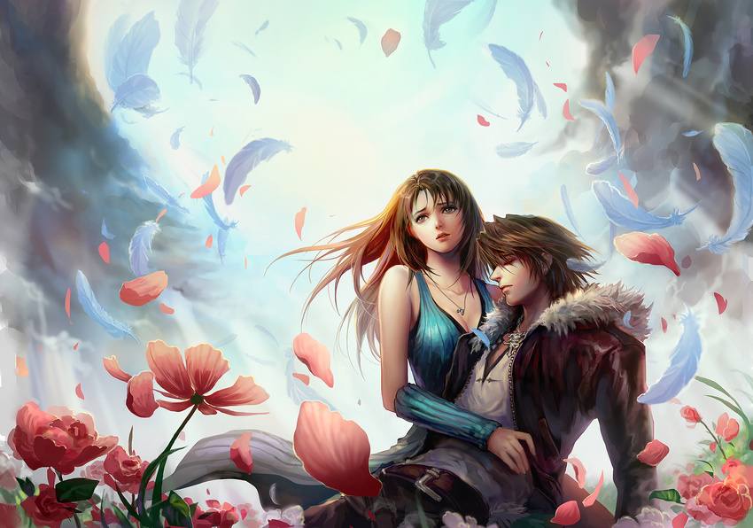 1boy arm_warmers belt blue_arm_warmers blue_dress breasts brown_eyes brown_hair closed_eyes cloud collarbone commentary_request day dress feathers female final_fantasy final_fantasy_viii flower fooltown highres jacket jewelry medium_breasts necklace nostrils petals photoshop_(medium) rinoa_heartilly shirt sky sleeping sleeveless_duster spoilers squall_leonhart white_shirt zipper