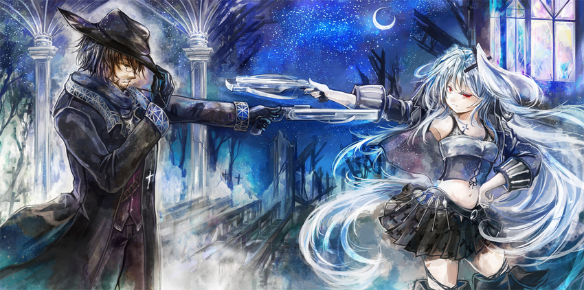 1boy adjusting_clothes adjusting_headwear arborlune bad_id bad_pixiv_id black_gloves black_hat black_skirt capelet column crescent_moon cross crossbow female fran_(sennen_sensou_aigis) gloves hand_on_own_hip hat long_hair mexican_standoff moon navel night night_sky photoshop_(medium) pillar sennen_sensou_aigis skirt sky standing very_long_hair vincent_(sennen_sensou_aigis) weapon white_hair