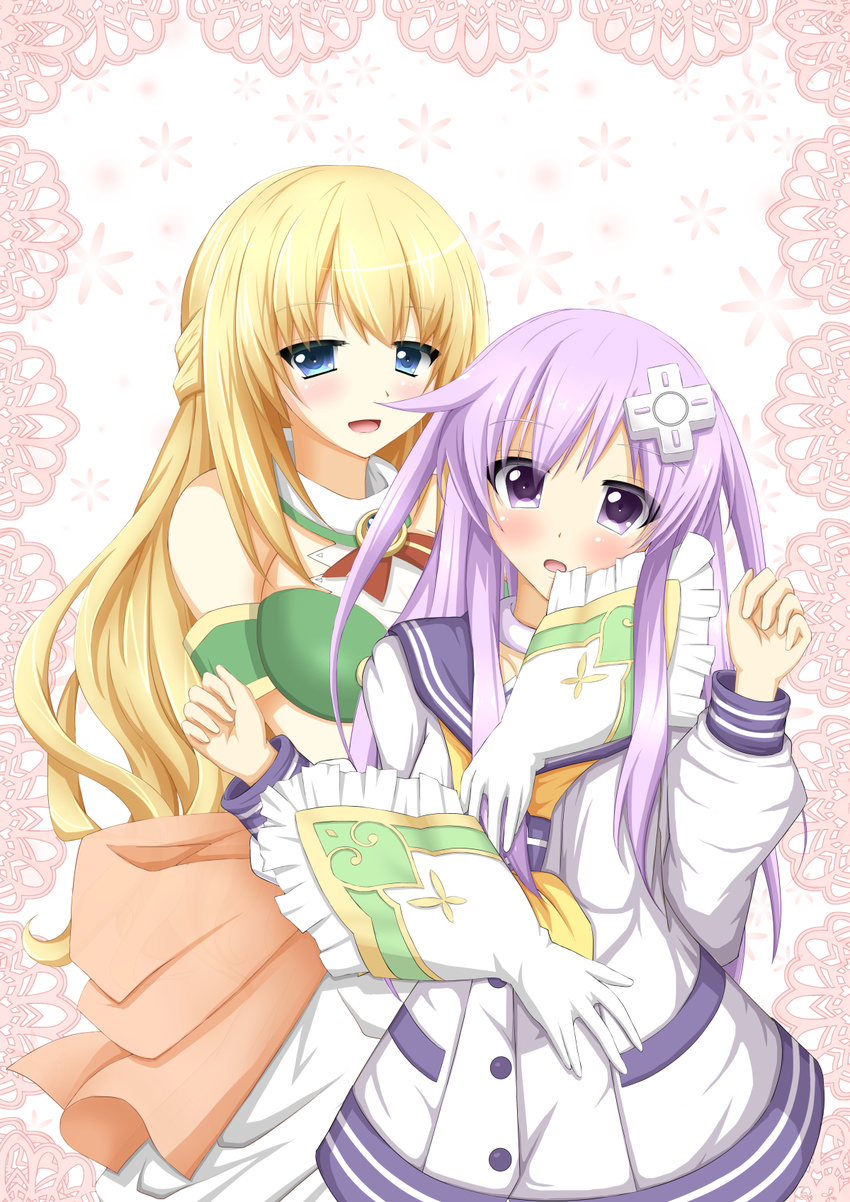 2girls blonde_hair blue_eyes blush breasts commentary_request d-pad d-pad_hair_ornament hair_ornament highres large_breasts long_hair momijizuki_luna multiple_girls nepgear neptune_(series) open_mouth purple_eyes purple_hair thighhighs vert_(neptunia) yuri