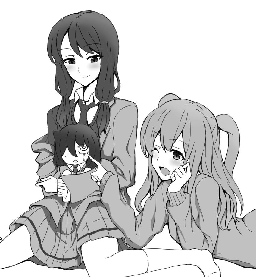 2girls ;d bad_id bad_pixiv_id blazer blush character_doll commentary_request greyscale jacket kneehighs kuroki_tomoko monochrome multiple_girls necktie nemoto_hina no_shoes off_shoulder one_eye_closed open_mouth school_uniform smile socks sweater tamura_yuri taniya two_side_up watashi_ga_motenai_no_wa_dou_kangaetemo_omaera_ga_warui!