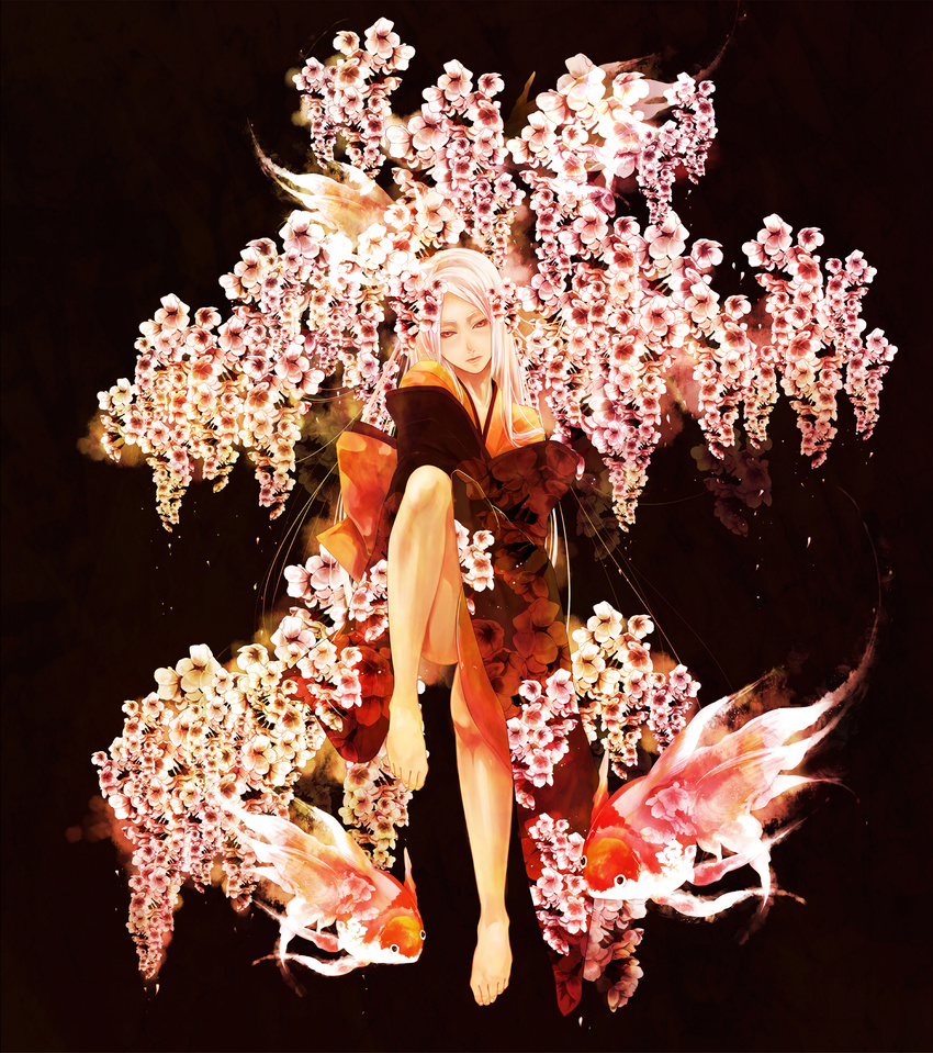 bad_id bad_pixiv_id barefoot cherry_blossoms female fish flower goldfish highres japanese_clothes kimono leg_lift long_hair original pochiharu red_eyes solo white_hair