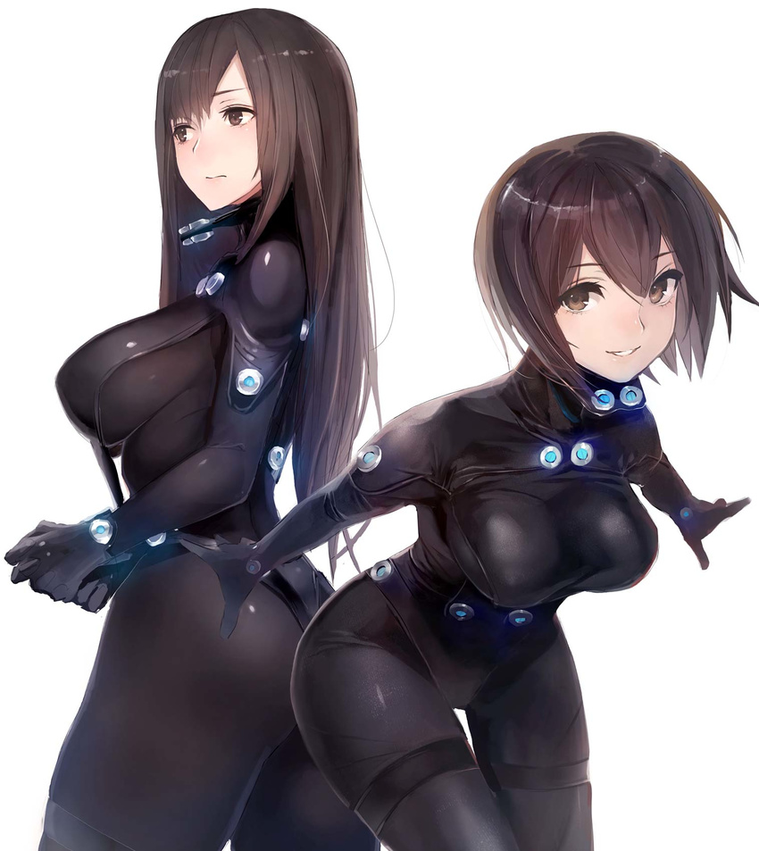 2girls ass black_bodysuit blush bodysuit breasts brown_eyes brown_hair clenched_hands closed_mouth commentary_request covered_nipples cowboy_shot eyelashes gantz gantz_suit glowing hair_between_eyes highres large_breasts leaning_forward light_frown long_hair looking_at_viewer looking_away looking_to_the_side medium_breasts multiple_girls outstretched_arms own_hands_together parted_lips shimohira_reika short_hair simple_background skin_tight smile standing swept_bangs taishi_(picchiridou) teeth thigh_gap white_background yamasaki_anzu