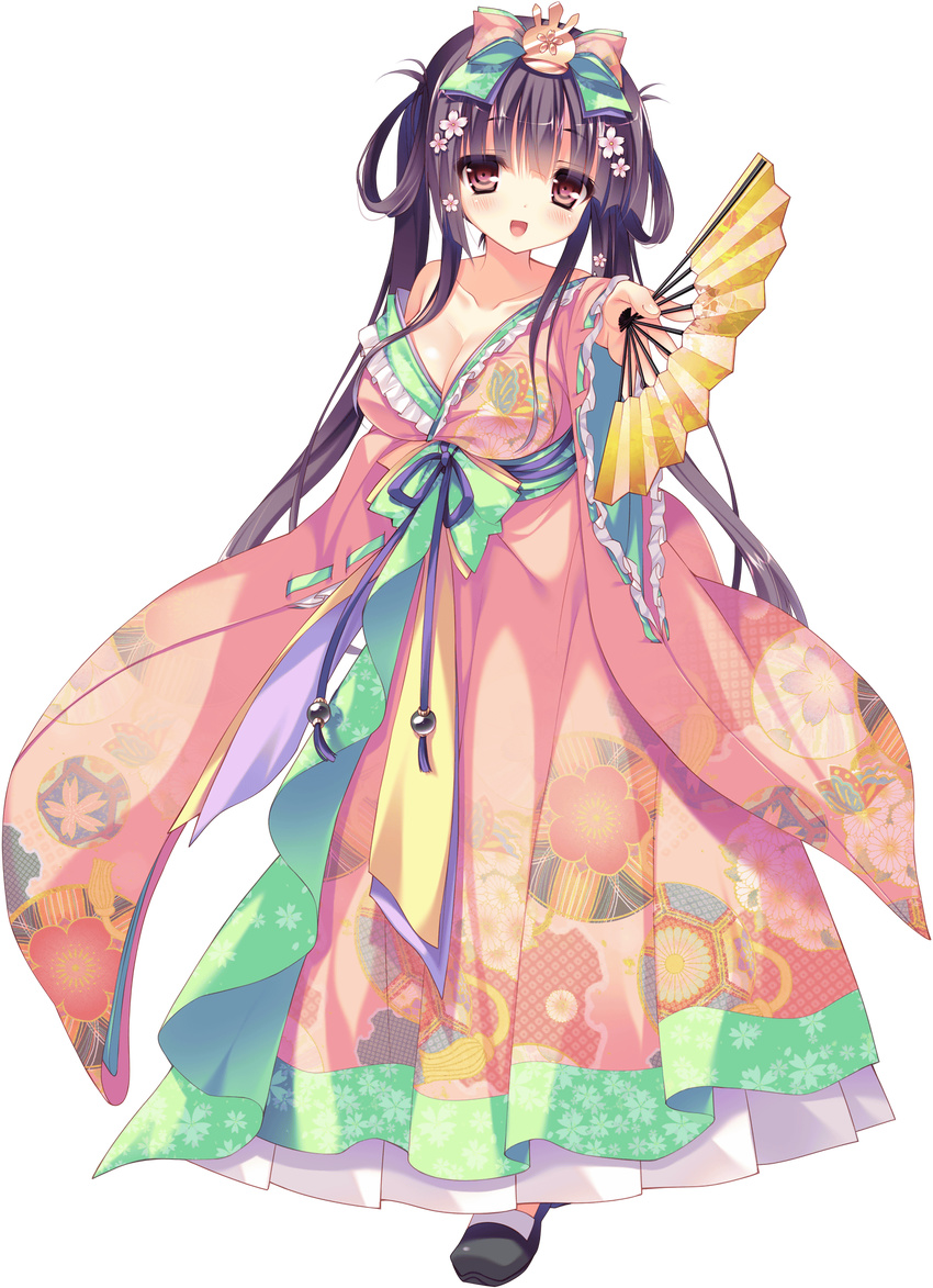 bare_shoulders black_hair blush breasts brown_eyes cleavage female folding_fan full_body game_cg hair_ornament hand_fan highres japanese_clothes kimono large_breasts long_hair long_sleeves looking_at_viewer love_love_princess open_mouth smile solo transparent_background tsukimori_mio_erland wori